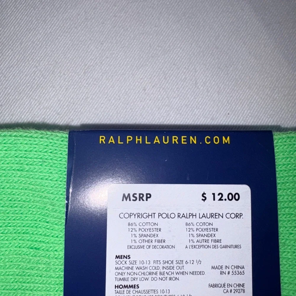 Polo Ralph Lauren Crew Socks Mens 10-13 Green New Ribbed Cotton Red Pony Logo